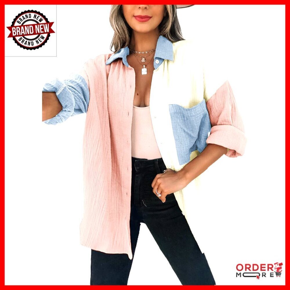 Oversized Boyfriend Button Down Shirt Long Sleeve Blouse Loose Fit Top